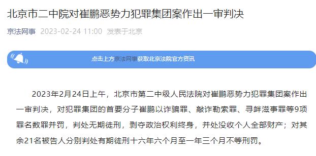 北京市二中院对崔鹏恶势力犯罪集团案作出一审判决