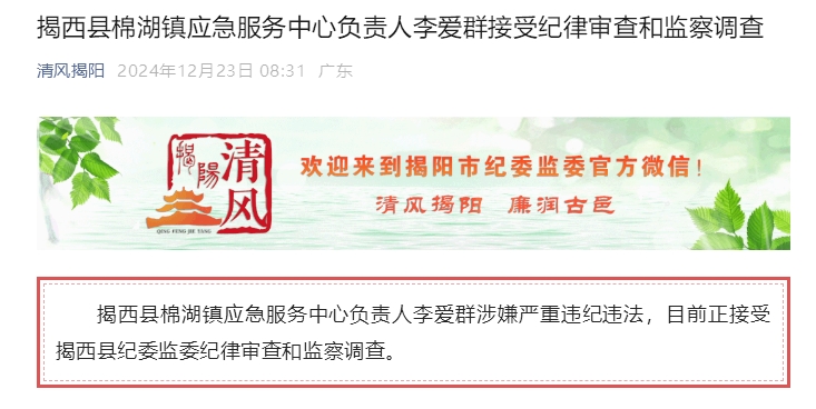 广东省揭阳市揭西县棉湖镇应急服务中心负责人李爱群接受审查调查