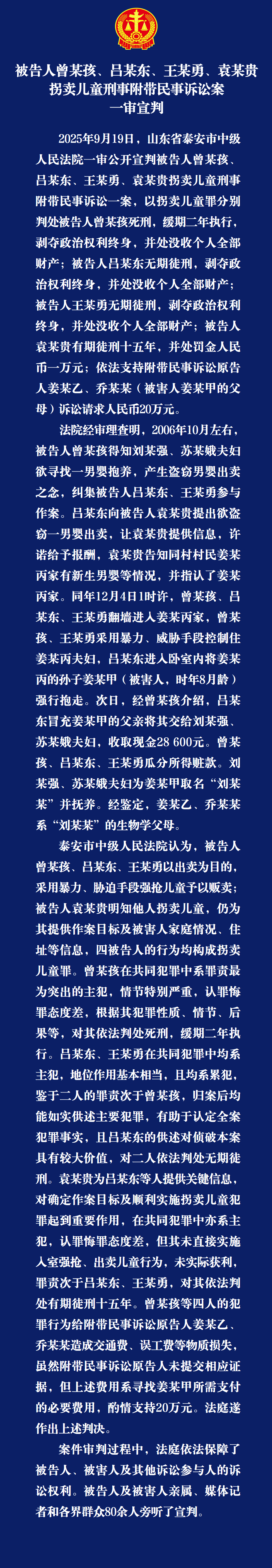 被告人曾某孩、吕某东、王某勇、袁某贵拐卖儿童刑事附带民事诉讼案一审宣判