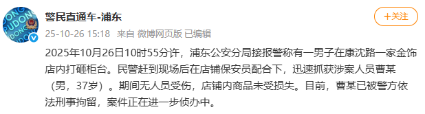 上海警方：一男子在康沈路金饰店内打砸柜台，已被刑拘